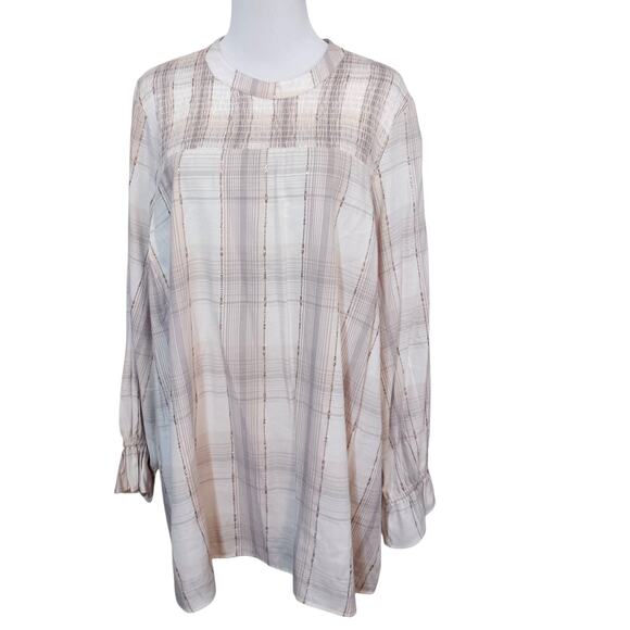 New Lane Bryant Smocked Boho Peasant Top Blouse Plus 18 Cream Pink Gold Plaid - Picture 3 of 10
